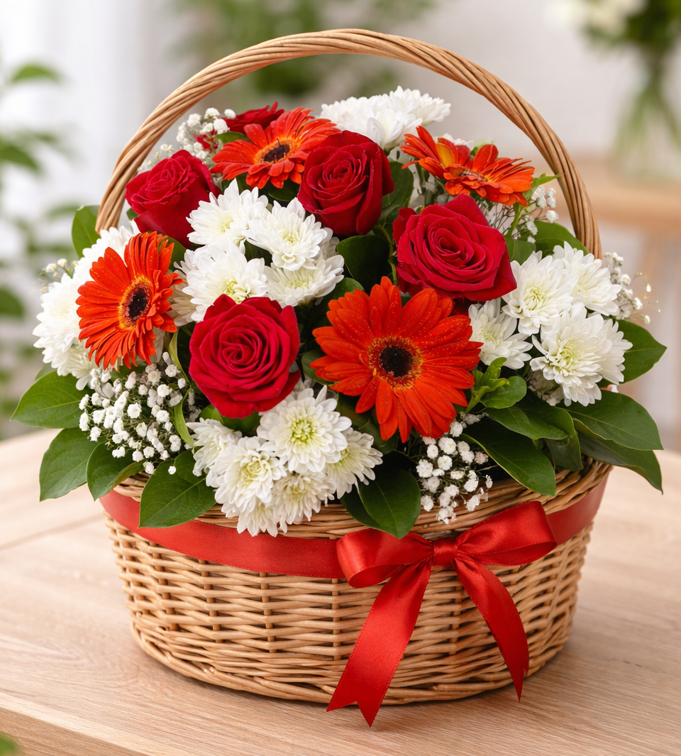 Red and white Flowers In Basket