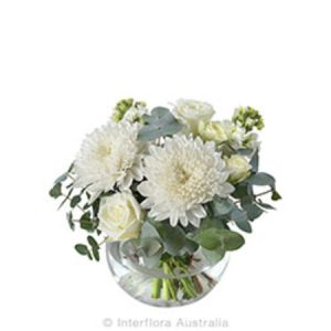 a Simple White Posy in a Fishbowl Vase