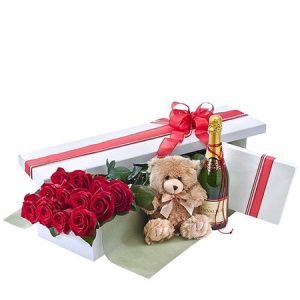 12 Long Stem Red Rose, Teddy, Chocolates and Wine