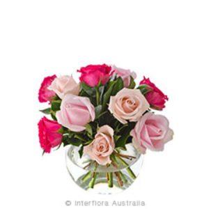 Arrangement of 10 Mixed Pink Roses in a Tiny Glass Fishbowl
