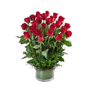 24 Long Stem Red Roses in Glass Vase